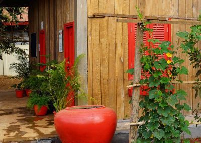 red accents on wooden building with plants